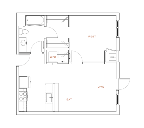 A floor plan of a house with labeled rooms such as "REST", "W/D", "LIVE", and "EAT".